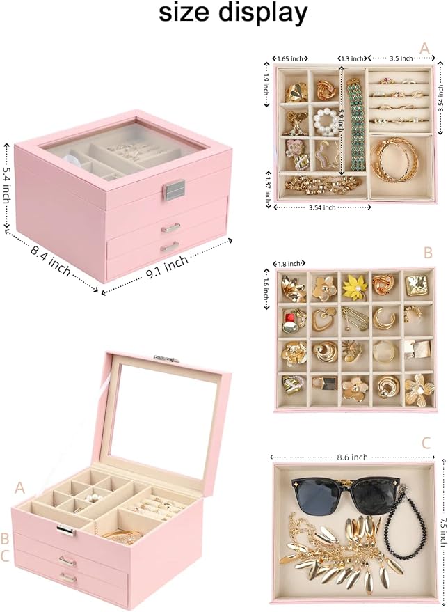 BOOVO Clear Lid Jewelry Box,3 Layers Jewelry Organizer Large Jewelry Storage Box with 2 Drawers,Jewelry Holder Organzier of Rings Earrings Necklace Bracelets for Women (Pink, 3 Layer) - Image 4