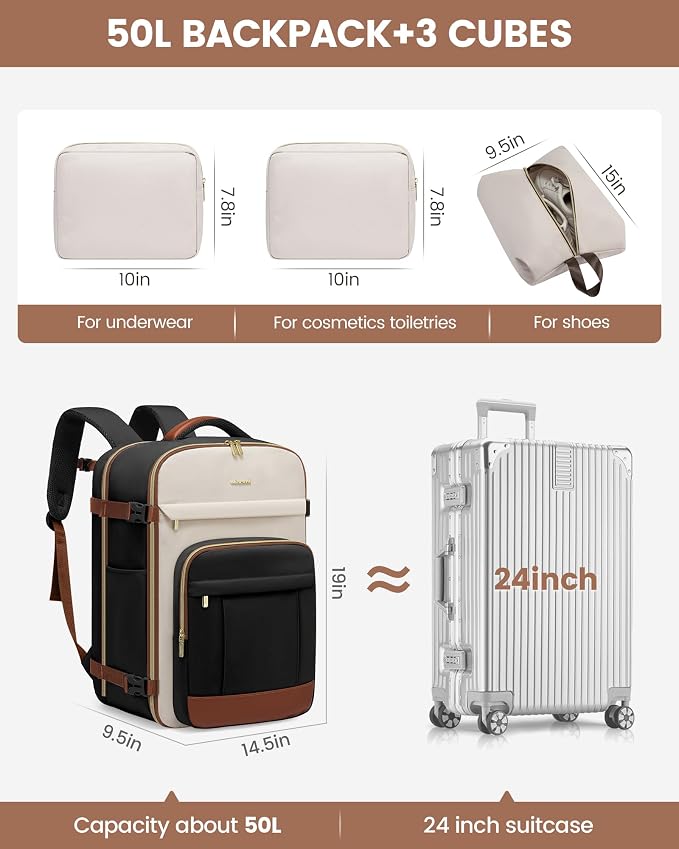 LOVEVOOK 50L Travel Backpack for Women & Men - 18 Inch Carry On Backpack & Personal Item Backpack for Airlines, Spacious and Durable Design, with 3 Packing Cubes - Image 3