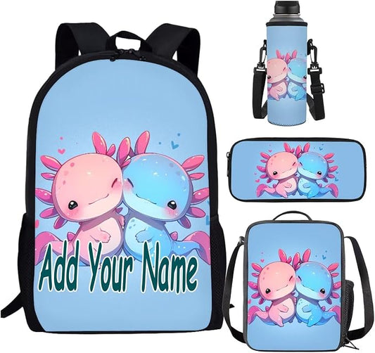 Personalized Kawaii Axolotl School Backpack for Girls with Lunch Box Kids Custom Bookbag Lunchbox Elementary Student Book Bag for Girls 8-10/6-8 Lunch Bag Pencil Case Water Bottle Holder Set by SCRAWLGODDreamWardrobe