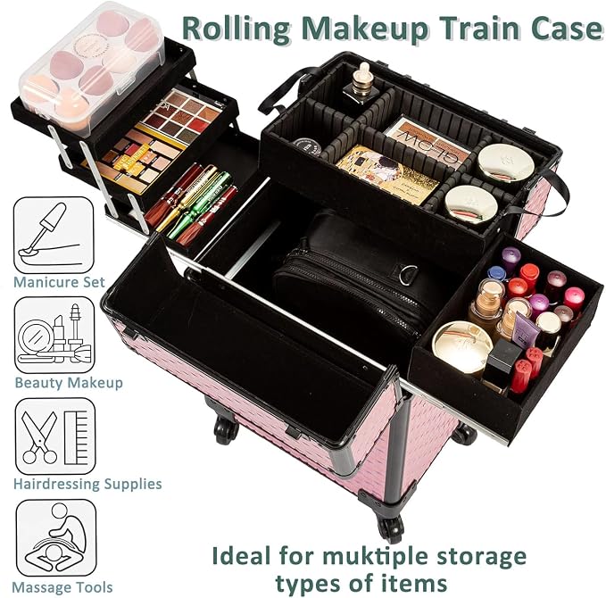 Arous Rolling Train Makeup Case Cosmetology Case on Wheels, Colorful | Cosmetic Travel Trolley 4 Tray with Sliding Rail Removable Middle Layer with Key Salon Barber Case Traveling Cart Trunk - Image 2
