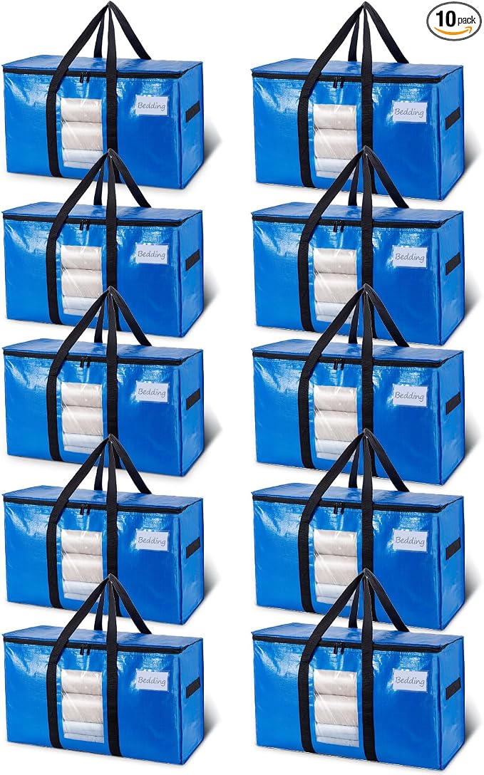 TAILI Extra Large Moving Bags, 10 Pack Blue Heavy Duty Totes For Storage with Visible Window, Wrap Around Handles, Storage Bags for Space Saving, Alternative to Moving Boxes by TAILI