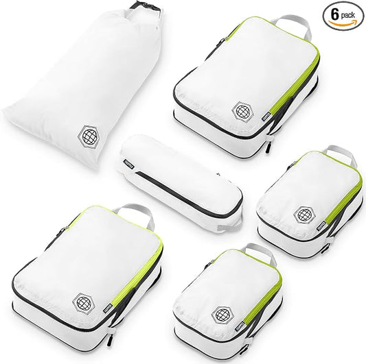 Compression Packing Cubes for Travel, 6-Piece Lightweight Packing Cubes Set for Carry-On Luggage & Backpacks – TRIPPED Travel Gear (White and Green) by TRIPPEDTravelGear