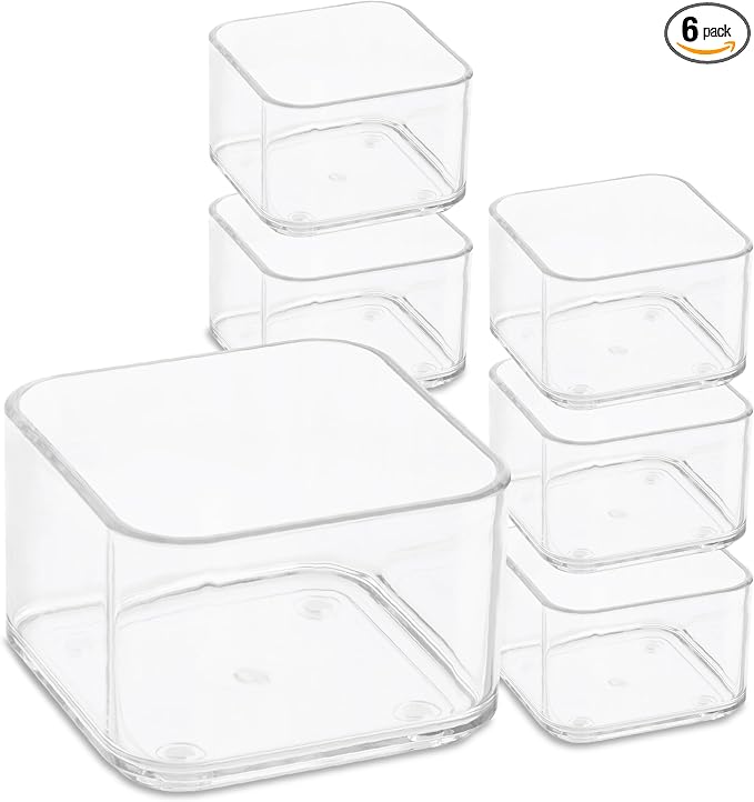 primebox Plastic Clear Acrylic Drawer Organizers. Bathroom, Kitchen, Bedroom, Utensils, Office Organizer Bins, Storage Trays. Heavy Duty, Stackable. 3" x 3" x 2" Set of 6 by primebox