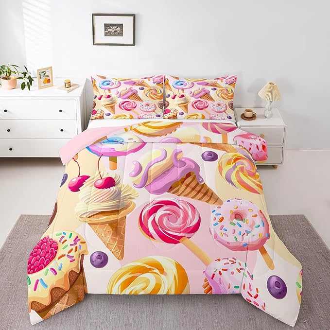 Erosebridal Girls Donuts Comforter Set Full Size, Dessert Sweet Down Comforter for Kids Children Boys, Ice Cream Girly Pink Duvet Insert Cherry Cake Girly Flower Bedding Comforters for Bedroom - Image 3