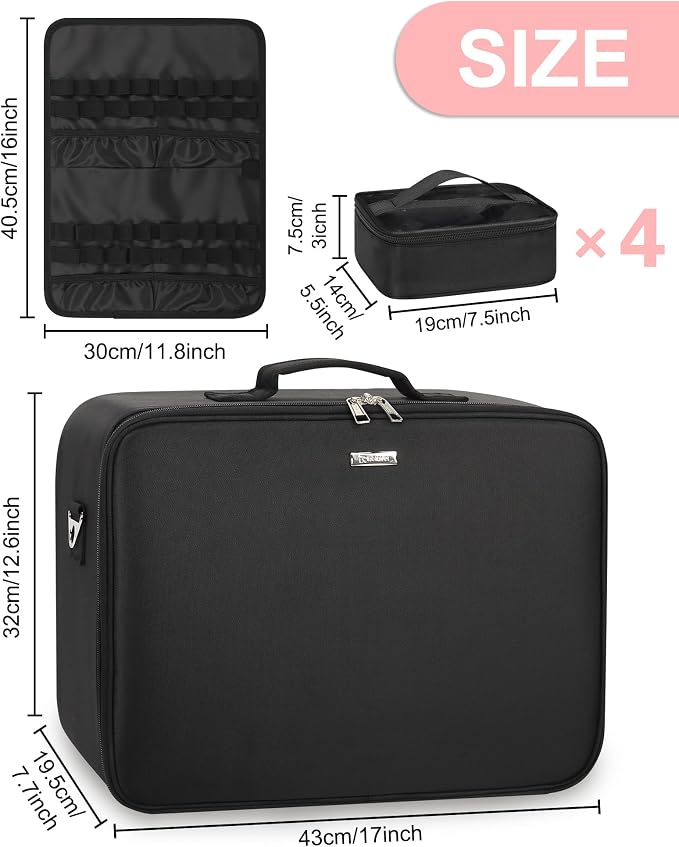 Relavel Extra Large Makeup Case Professional Cosmetic Storage Organizer Box Brush Holder with 4 Clear Set Bags & Lipstick Plate for Makeup Artists with Shoulder Strap & Adjustable Dividers - Image 7
