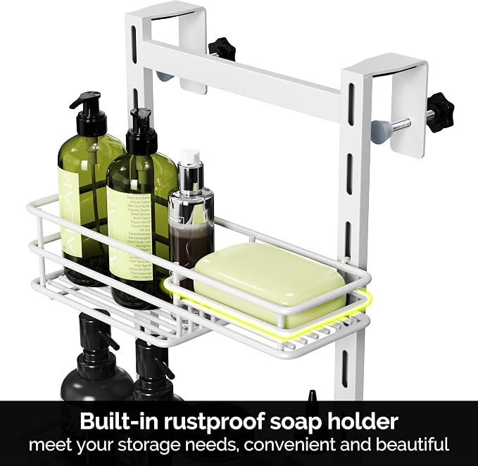 Orimade Over the Door Shower Caddy Adjustable 5 Tier Black,Bathroom Hanging Organizer Shelf Rustproof with 4 Hooks,Shower Basket with Soap Holder and Suction Cup, White - Image 3