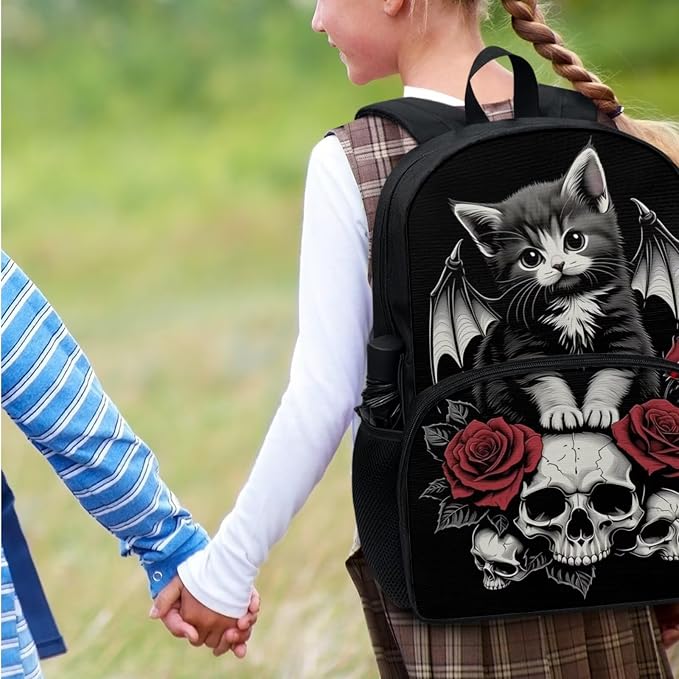 Cat Skull Rose Girls Boys Backpack Set 4 in 1 Gothic Black Kids School Backpacks Lightweight Bookbag Lunch Tote Bag Water Bottle Pen Case Stationery Pouch Bags with Zipper for Girl Boy Teen - Image 7