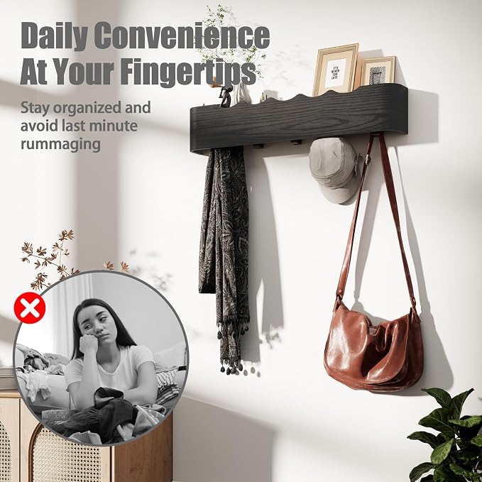Coat Rack Wall Mount with Shelf 5 Hidden Hooks Modern Wooden Key Holder Entryway Organizer for Hallway Bedroom Bathroom Home Decor Storage for Hanging Coats Hats Bags Towels, Wave-Shape Black - Image 5