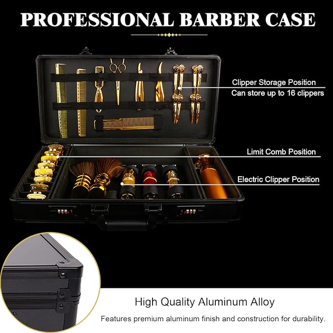 GYKLE Black Barber Case, Large Barber Carrying Suitcase with Code Lock | Large Space, Comes with Shoulder Strap, Aluminum Clippers Case, Hair Cutting Tools Organizer Box - Image 3