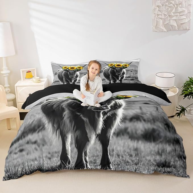 Highland Cow Bedding Set Queen Size for Adult Women Sunflower Cow Print Comforter Cover Farmhouse Wild Animal Cows with Gray Fur Duvet Cover Decor 3 Pcs Bedding ,1 Duvet Cover + 2 Pillowcases - Image 4