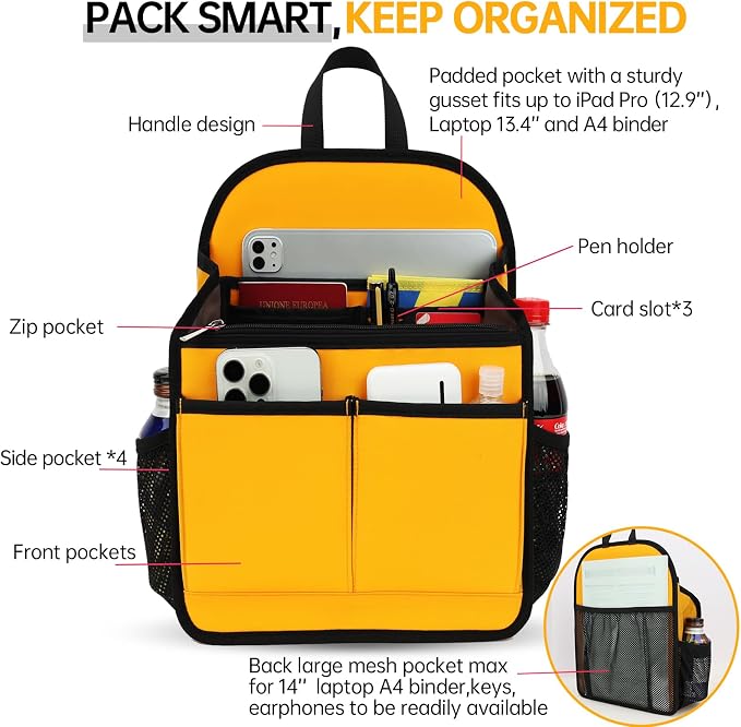 Large Premium Wider Rugged Backpack Organizer Insert for Men Women Work Travel -19 Pockets, Padded Nylon-Yellow - Image 4