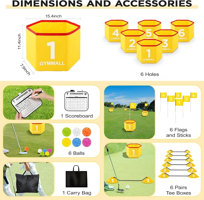 Backyard Golf Set for Kids, Adults and Family, Portable 6 Holes Golf Course with Balls, Flags and Carry Bag for Lawn, Park, Beach and Hotel - Yellow - Image 3