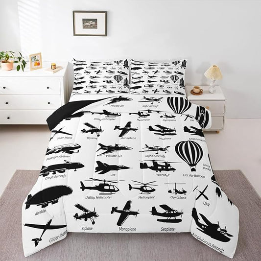 Erosebridal Airplane Comforter Set Twin,Black White Airplanes Bedding Set Space Rocket Aircraft Down Comforter for Boys Kids Teens Room Decor,Helicopter Biplane Quilt Duvet Sets with 1 Pillow Case by Erosebridal