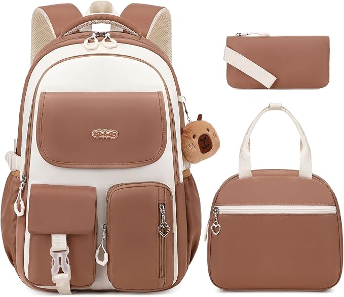 DIGOBAY Backpacks for Girls, 3PCS School Backpack with Lunch Box Pencil Pouch for Teen Girls Kids Elementary Primary Middle High College Travel School bag Bookbag Set （Brown by DIGOBAY