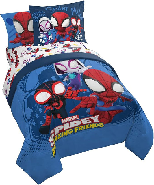 Marvel Spidey and Friends Full Size Comforter Set 7 Piece Bedding, Blue | Ghost-Spider, Bed in a Bag, Comforter Sheets Shams Pillowcases, Official Brand, Soft Microfiber, Machine Washable, Kids Gift by JayFranco