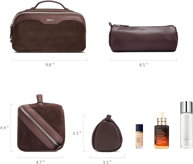 BOYATU Genuine Leather Travel Makeup Bag: Large Capacity 3 Pcs Set Cosmetic Bags for Women - Designer Waterproof Hand-made for Toiletry Organizer - Travel Essentials for Elegance (08Suede-Coffee) - Image 5