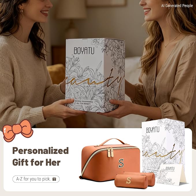 BOYATU Makeup Bag Gift for Women: 3-in-1 Travel Personalized Cosmetic Bag | Initial Make up Bag - Monogram A-Z - Vegan Leather Flat Open Toiletry Organizer - Ideal Gift Set for Birthday Graduation - Image 2