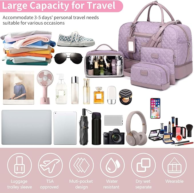 Wogarl 4PCS Weekender Bags for Women Large Overnight Weekend Travel Duffel Carry on Shoulder with Shoe Compartment Canvas Toiletry Bag for Travel Business Gym - Image 3