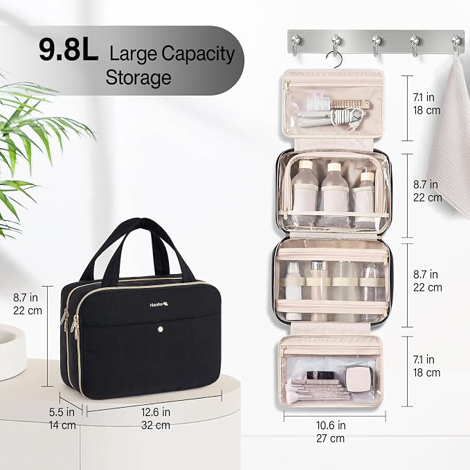 Hanke Hanging Travel Toiletry Bag for Women with Jewelry Organizer Compartment, Travel Essentials Toiletries and Makeup Bag, Water-Resistant & Stain-Resistant with Trolley Strap (Black) - Image 2
