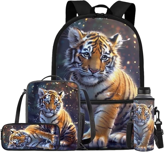 Tiger Backpack for Kids Girls Backpack with Lunch Box Water Bottle Holder and Soft Pencil Pouch 4PCS Set Bookbag with Front Pocket 17 inch Large School Bag for Boys Back to School Supplies Set by ELEDIZI
