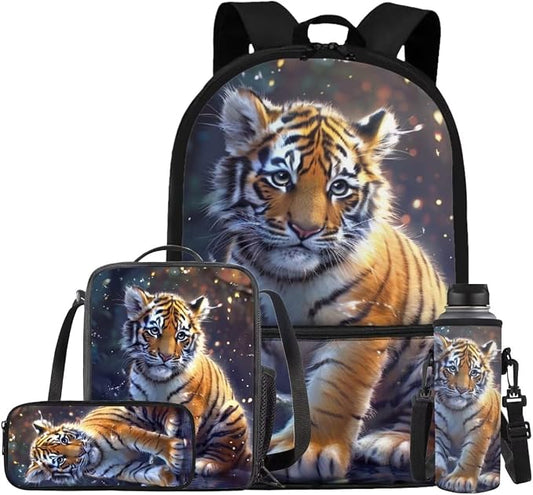 Tiger Backpack for Kids Girls Backpack with Lunch Box Water Bottle Holder and Soft Pencil Pouch 4PCS Set Bookbag with Front Pocket 17 inch Large School Bag for Boys Back to School Supplies Set by ELEDIZI