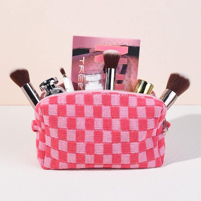 SOIDRAM Checkered Makeup Bag Preppy Cosmetic Bag Bulk Pink Makeup Pouch Personalize Travel Toiletry Bag Organizer Cute DIY Makeup Brushes Storage Bag for Women - Image 6