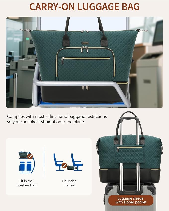 Weekender Bags for Women Travel, Under Seat Carry On Bags for Airplanes Overnight Bag with Shoe Compartment Luggage Sleeve, Foldie Travel Tote Bag Hospital Bag, Travel Gifts, DarkGreen Black - Image 7