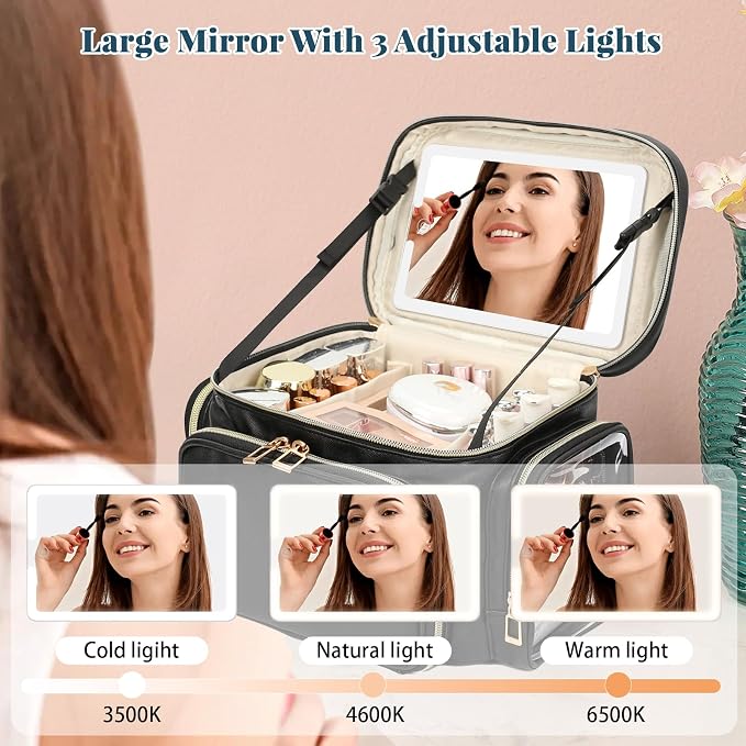 Large Makeup Bag with LED Mirror, Travel Makeup Bag Organizer for Women Girls with Makeup Brush Compartment & Two Side Pockets, 3 Color Lights Cosmetic Toiletry Bag- Leather Black - Image 3