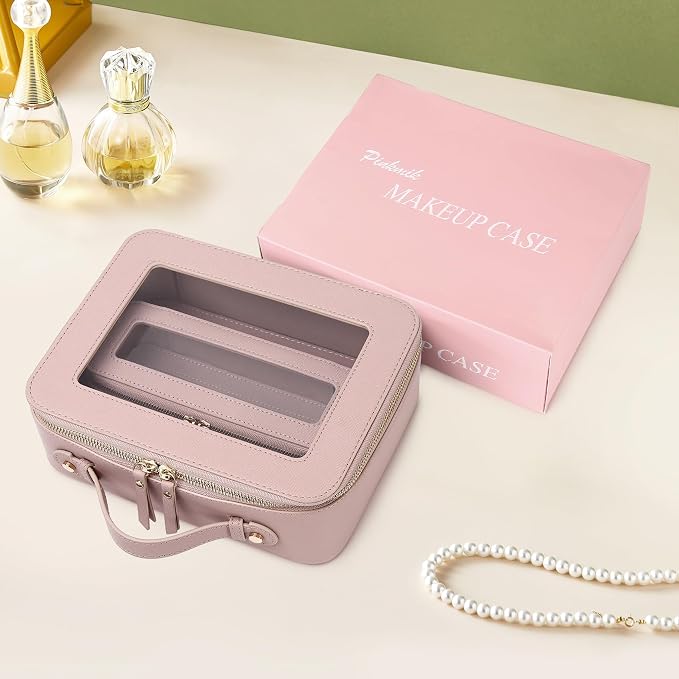 Pinkmik Clear Makeup Bag with Brush Bag 2pcs Waterproof Travel Case for Cosmetics and Toiletries Women's Cosmetic Organizer with Zipper (Pink, L+SLIM) - Image 6