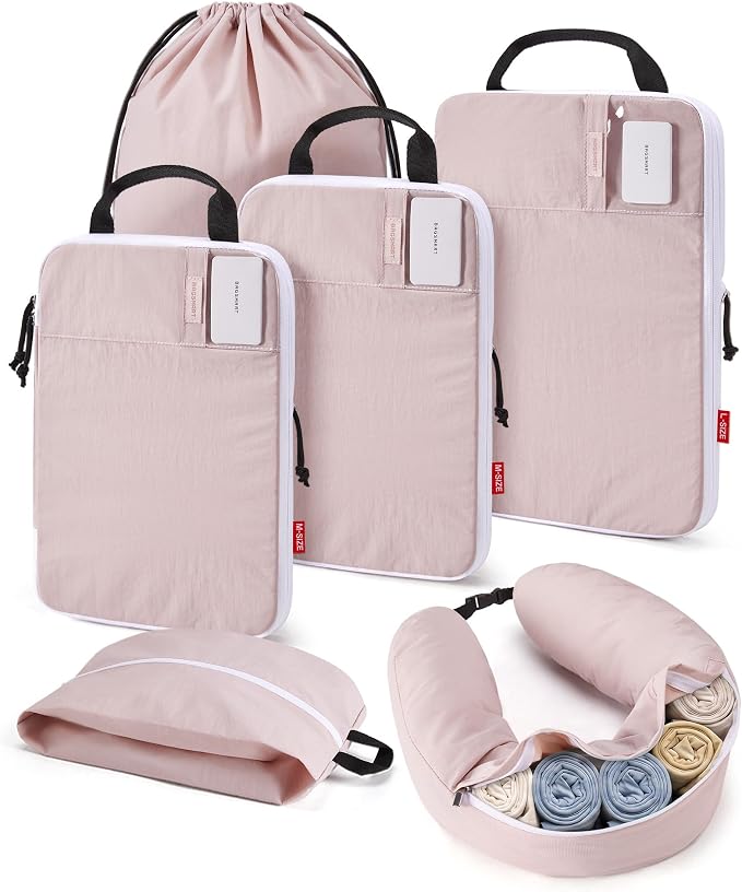 BAGSMART 6 Set Packing Cubes for Travel with Budget Airline Neck Pillow | Compression organizer bags, travel essentials for budget airline carry-ons, luggage, suitcases, closets, premium taslan by BAGSMART