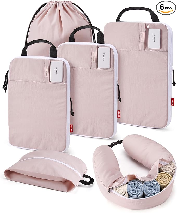 BAGSMART 6 Set Compression Packing Cubes Travel Essentials with Neck Pillow | Premium taslan organizer bags for budget airline carry-ons, luggage, suitcases, closets, cruises by BAGSMART