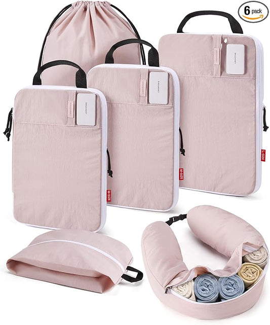 BAGSMART 6 Set Compression Packing Cubes Travel Essentials with Neck Pillow | Premium taslan organizer bags for budget airline carry-ons, luggage, suitcases, closets, cruises by BAGSMART