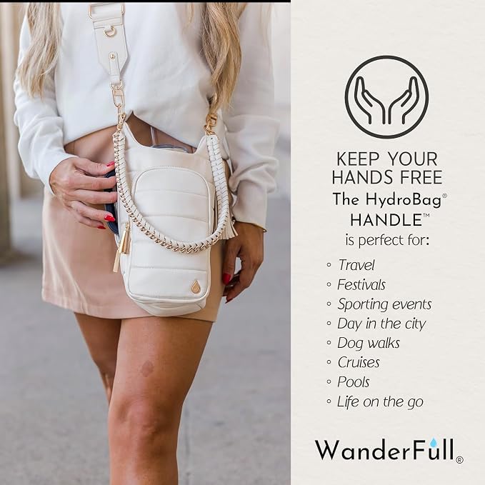 WanderFull Original HydroBag Handle®, Zipper for Handle, 40 oz Water Bottle Holder w/Strap, Crossbody Carrier Bag w/Phone Pocket- Ivory Lacquer w/Vegan Leather Trimmed Strap - Image 3