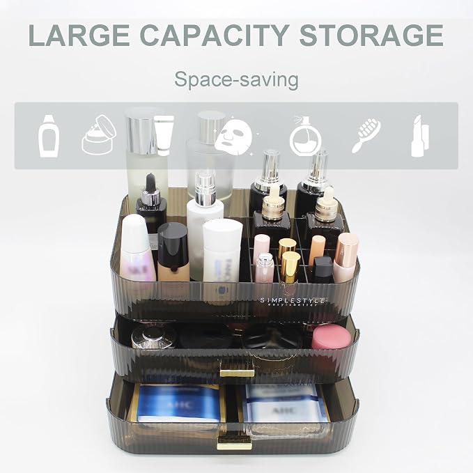 Makeup Organizer with 2 Drawers, Cosmetics Organizer for Bedroom and Bathroom Vanity Countertops, Large Capacity Cosmetic Storage Box for Skincare Cream Perfume Lipstick Dresser Counter-Black - Image 3