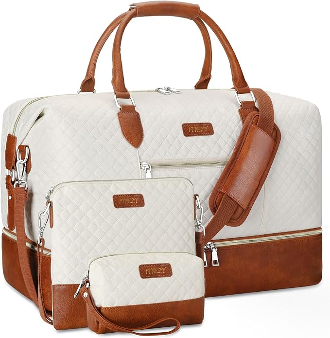 ITIEZY Weekender Overnight Bag for Women - Large Travel Duffel Bag with Shoe Compartment, Gym Duffel Bag Hospital Bag Carry On Tote Bags for Airplanes with Crossbody Bag Toiletry Bag 3Pcs Set by ITIEZY