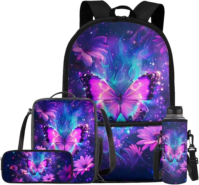 Galaxy Butterfly Backpack for Girls Kids Backpack with Lunch Box Water Bottle Pouch and Soft Pencil Case 4PCS Set Bookbag with Front Pocket for School Teens 17 inch School Bag with Side Pocket by ELEDIZI