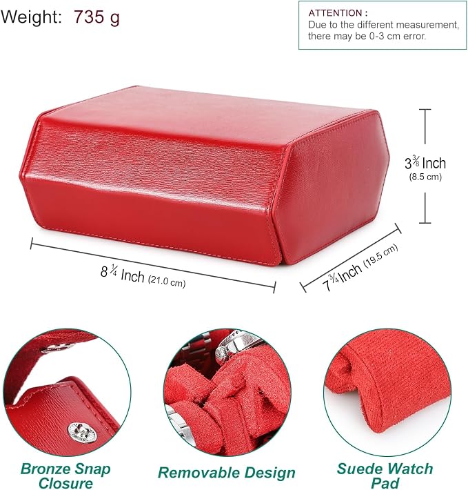 Hiram Saffiano Leather Hexagon Watch Roll Travel Case, Leather 6-Watches Roll Case with Removable Pillow Cushion for Treasured Watches and Bracelets - Red - Image 4