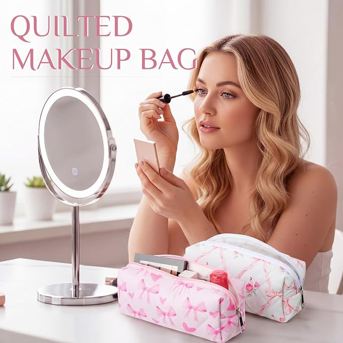 Paterr 10 Pcs Quilted Makeup Bag Bulk Cotton Floral Cosmetic Bag Women Girls Bridesmaid Gifts Cute Makeup Pouch Coquette Aesthetic Travel Toiletry Organizer(Pink Bow,7.48 x 2.36 x 3.15 Inches) - Image 4