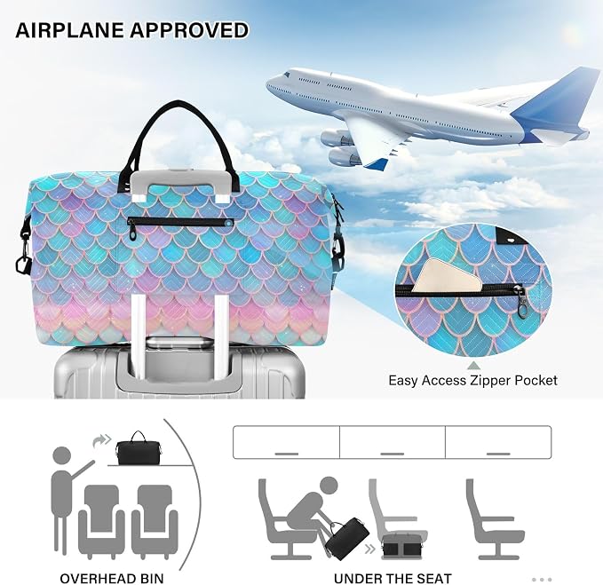 Weekender Bags Travel Duffel Gym Bag Carry on Overnight Tote Bag with Toiletry Bag for Airplane Travel Trip Gym Yoga (Fish Scales Mermaid) - Image 5