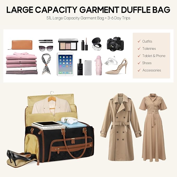 RAINSMORE Convertible Garment Bag for Travel Women 51L Carry On Garment Bag | Garment Duffel Bag with shoe pouch, dry/wet pockets, foldable water-resistant PU, suit/dress wrinkle care for business trips - Image 7