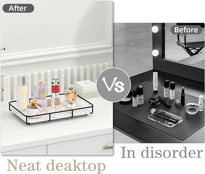 Dobbyby Vanity Tray Makeup Organizer Cosmetics Storage Bathroom Skincare Organizer Countertop Display Rack in Dresser Stainless Steel Shelf Marble Print Ceramic Trays - Image 4