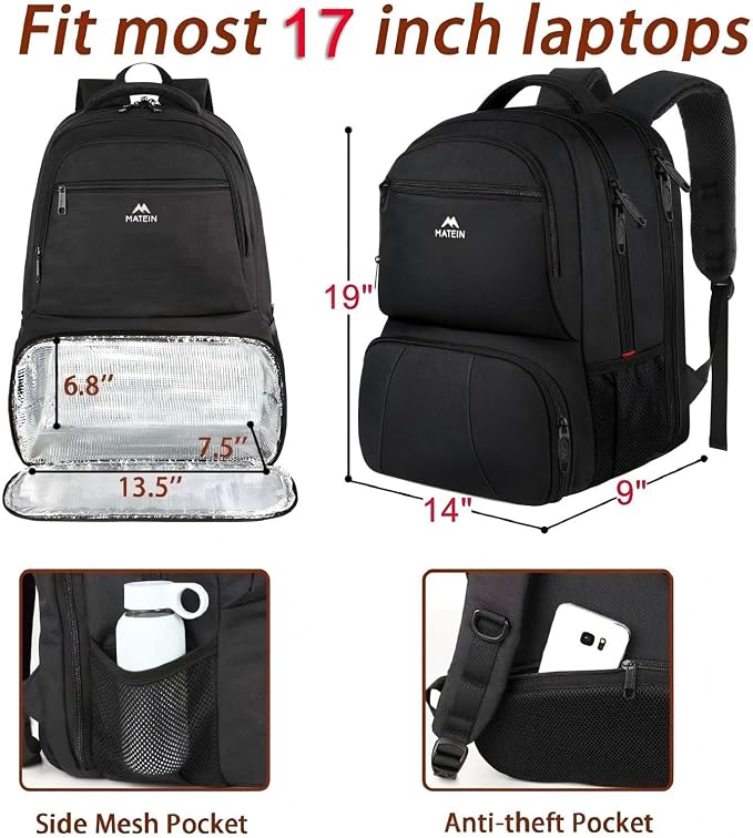 MATEIN Lunch Backpack for Men, 17 Inch Insulated Cooler Backpack with Lunch Compartment, Water Resistant Laptop Back Pack Computer Meal Prep Backpacks Mens Gifts Work Picnic College Travel - Image 2