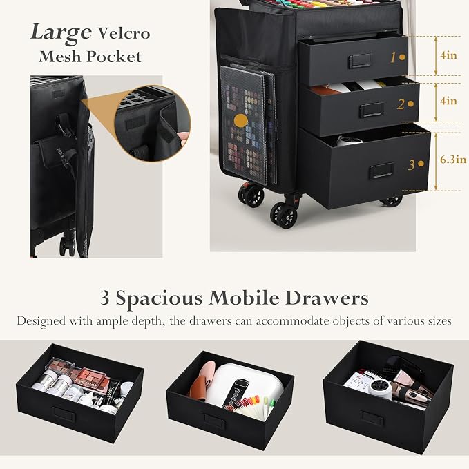 Stagiant Rolling Makeup Case 4 in 1 Soft Sided Professional Cosmetology Case on Wheels Freelance Makeup Artist Nylon Cosmetic Organize Storage Nail Technician Hair Stylist 3 Drawers Black - Image 5
