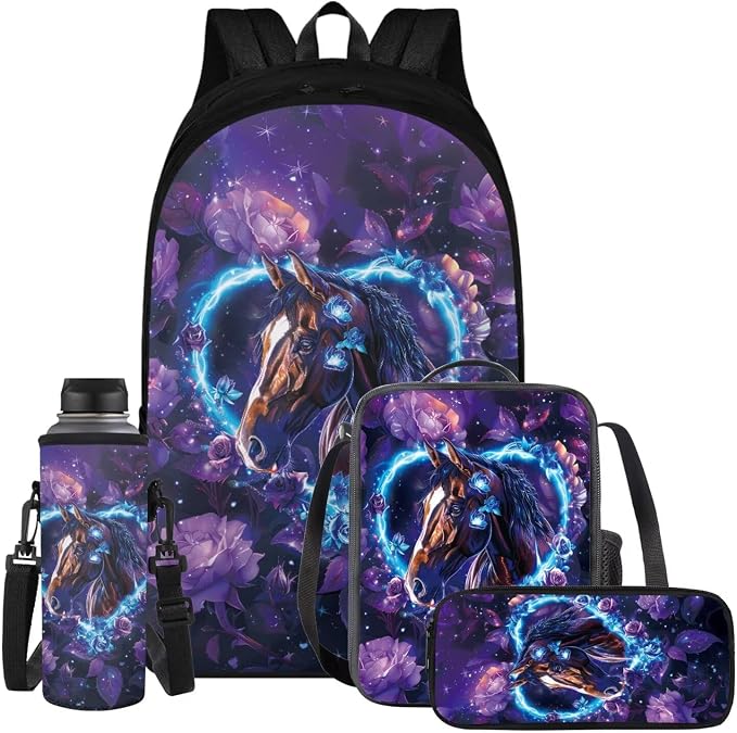 Horse Backpack for Girls Kids Backpack with Lunch Box Water Bottle Holder and Aesthetic Pencil Case 4PCS Set Bookbag with Compartments for School Teens 17" Sturdy School Bag with Side Pocket by ELEDIZI