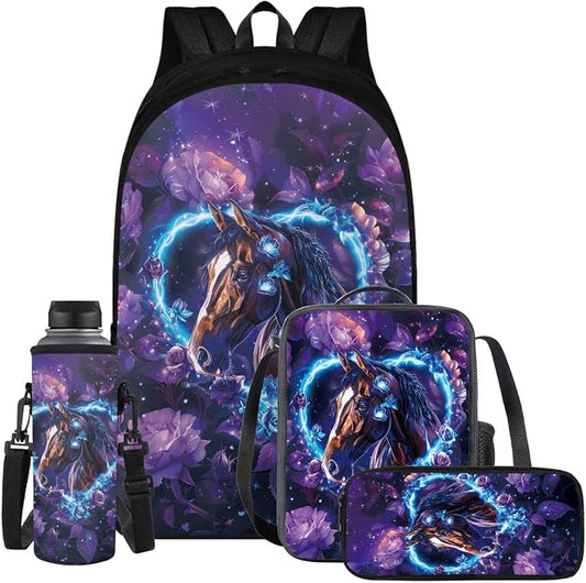 Horse Backpack for Girls Kids Backpack with Lunch Box Water Bottle Holder and Aesthetic Pencil Case 4PCS Set Bookbag with Compartments for School Teens 17" Sturdy School Bag with Side Pocket by ELEDIZI