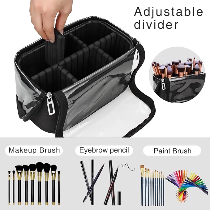 Makeup Brush Bag, Makeup Brush Holder Travel Stand-up Makeup Cup Large Makeup Brush Organizer Case Professional Cosmetic Bag Artist Storage Bag with Adjustable Divider (Large, Black) - Image 2