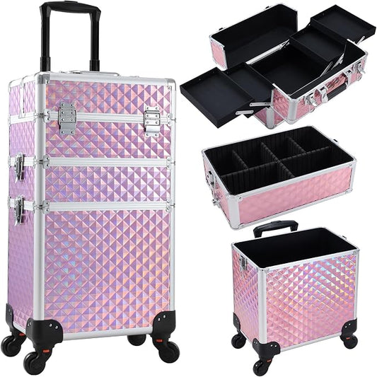 Faquenc Rolling Makeup Train Case 3 in 1 Cosmetology Case on Wheels Makeup Organizers Nail Tech Storage Cart Cosmetic Trolley Travel Barber Suitcase for Make up Manicure Hair Lockable, Shiny Pink by Faquenc