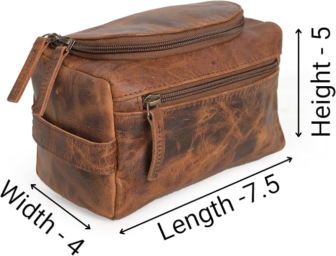 (7.5 inch Small) Real Full Grain Leather Toiletry Bag for Men, Dopp kit with Waterproof Lining, Toiletries Organizer, Grooming Travel Bag Pouch, Bathroom Shaving Kit Zipper Bag - Image 2