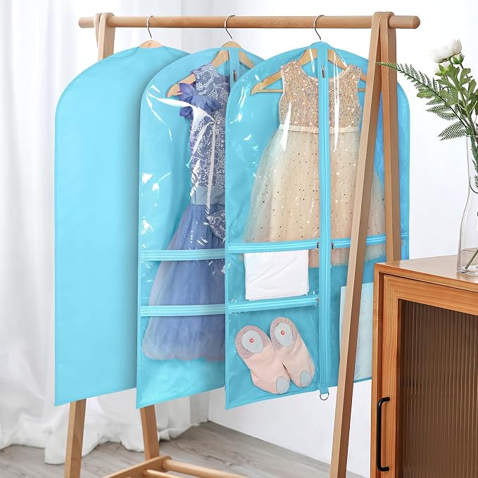 Univivi 40 Inch Girls Garment Bags for Dance Costumes, Dance Competition Garment Bag with 3 Medium Clear Zipper Pockets for Dance Essentials and Accessories, Dance Shoes (Blue) - 4 Pack, UN0752 - Image 5