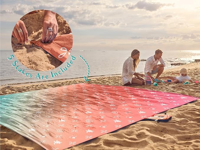 WEKAPO Beach Blanket Waterproof Sandproof Oversized Extra Large Sand Free Beach Mat with Stakes, Storage Bag - Essentials for Outdoor Beach, Picnic(Gradient Coral Sea Turtle, 8 X 7 FT (1~4 Person)) - Image 6